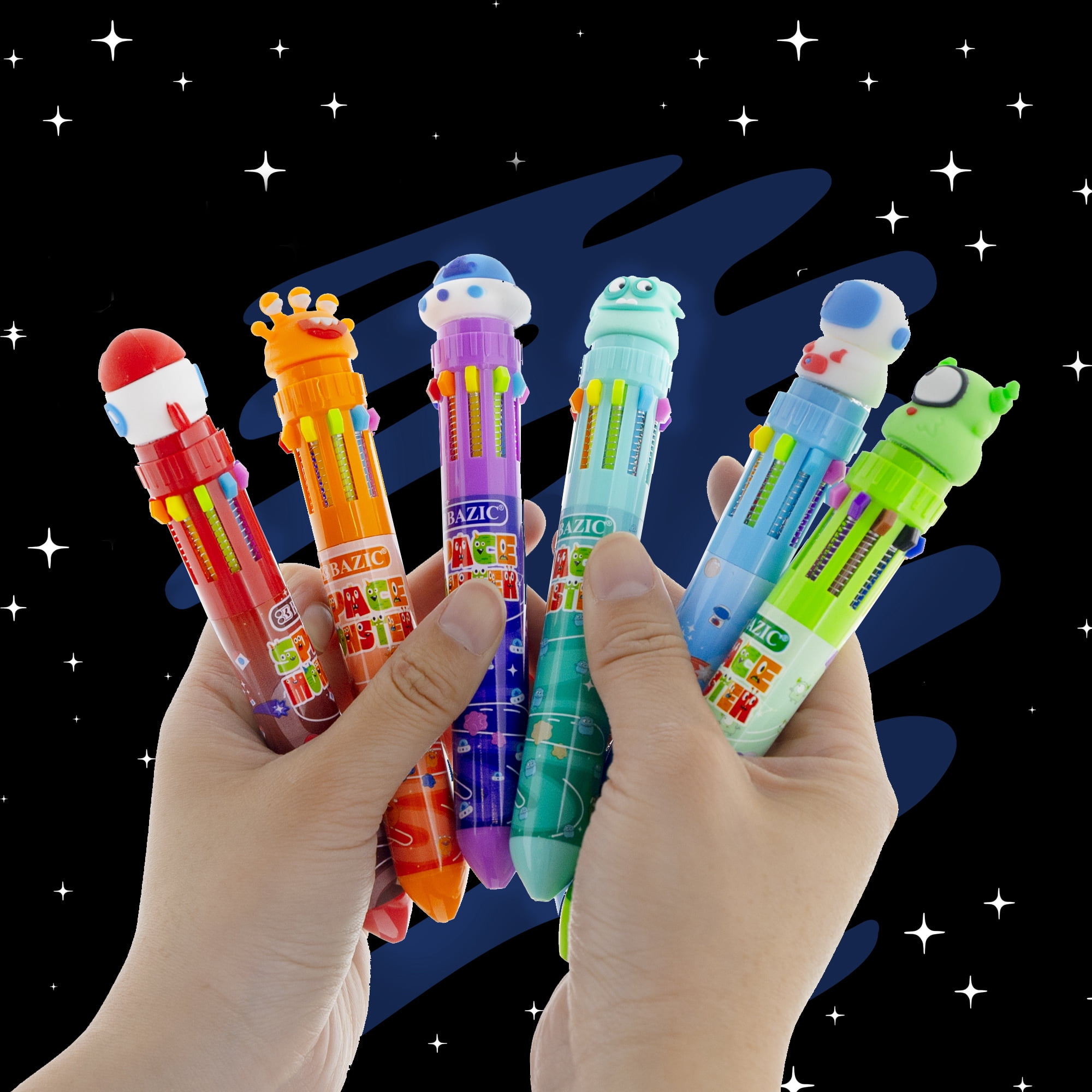 BAZIC 10-Color Ballpoint Pen, 1.0mm Bold Point, Monster Series, Retractable Multicolor Pen, 24-Packs