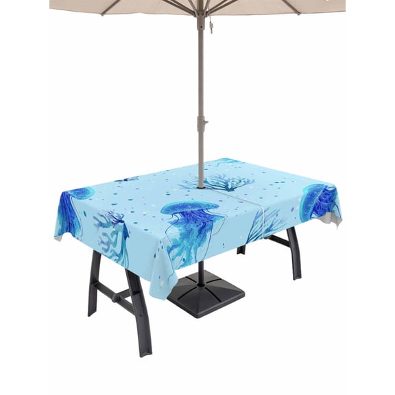 52x70 Inch Outdoor Tablecloth with Umbrella Hole Zipper Rectangle Coastal Corals Rectangular Tablecloths Waterproof Blue Jellyfish Nautical Cyan Polka Dots Patio Table Cloth Cover for Picnic Party