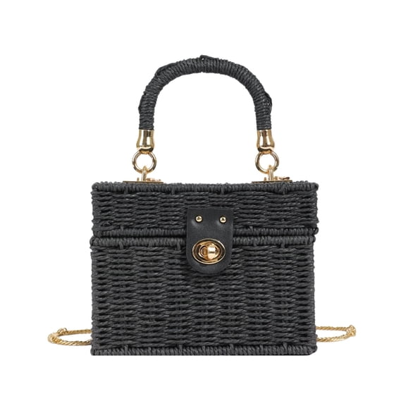 WWG Woven Paper Box Handbag, Crossbody and Handbag Two Way Carry, Detachable Chain Strap, Turn Lock Closure, Compact Mini Purse, for Summer Travel Beach Shopping