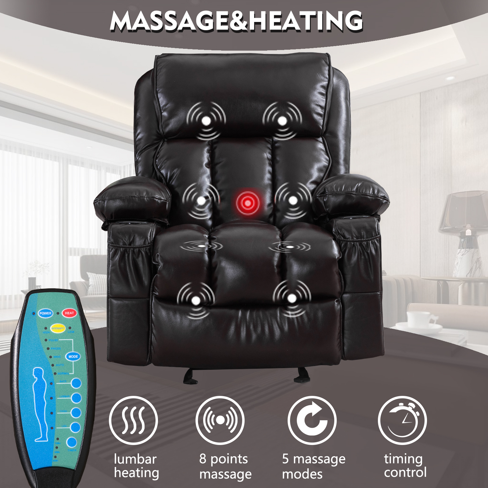 Aukfa Power Massage Recliner Chair with Heat - Rocking Chair Lounge Chair Single Sofa - Dark Brown - image 2 of 8