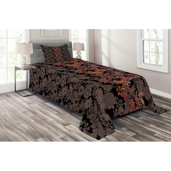 Ambesonne Flower Quilted Coverlet 2 Pcs, Japanese Vivid Florals, Twin Size, Black Orange Mustard