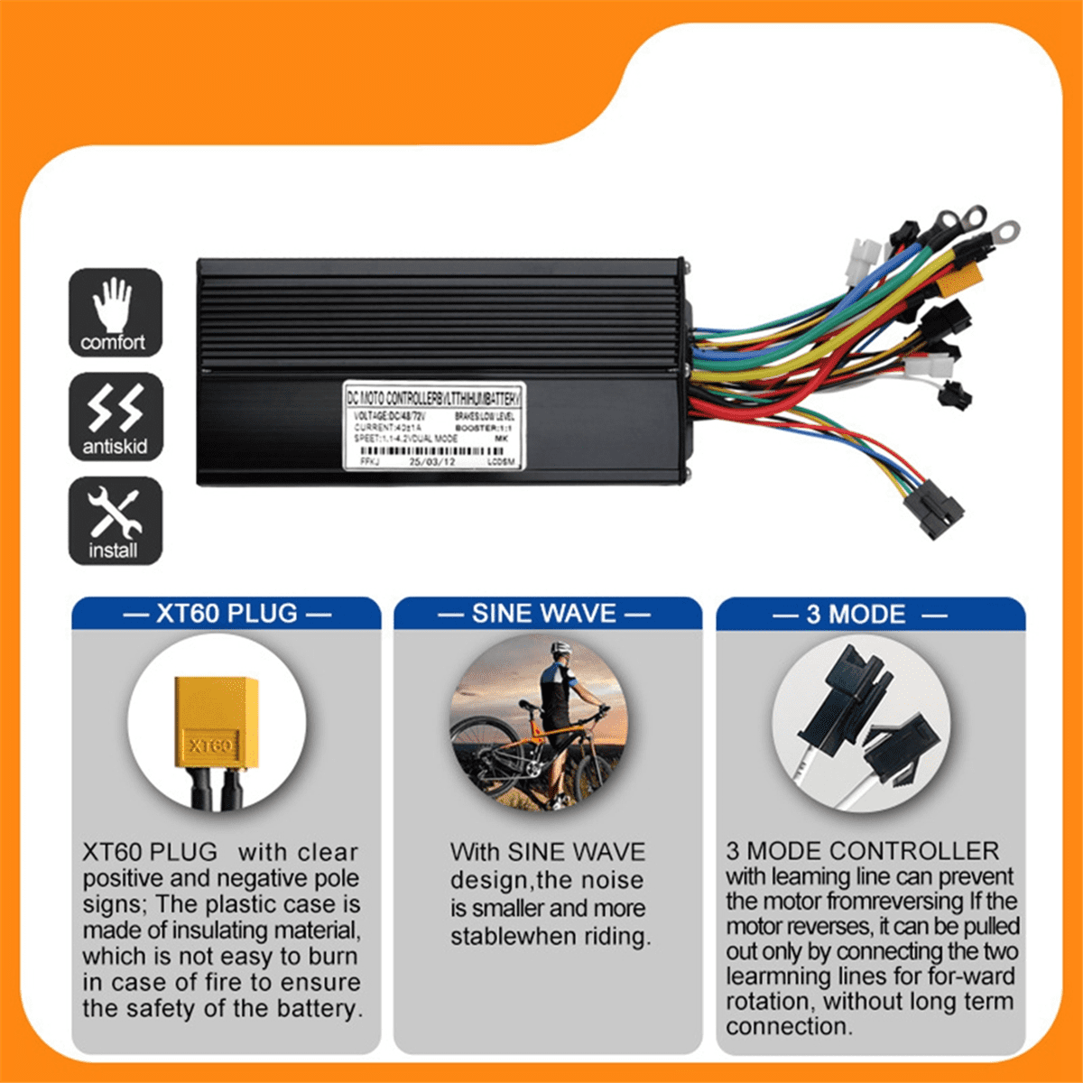 48V 72V E-Bike 40A 1000W-2000W Three Mode Sine Wave Controller for Electric Bicycle Ebike E-Scooter