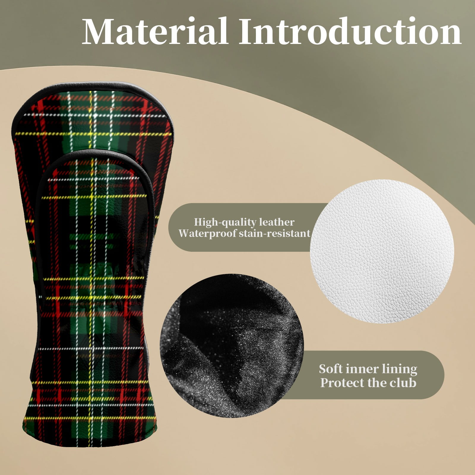 Golf Head Covers for Woods and Driver Waterproof Leather Golf Club Head Covers for Women Men Golf Driver Fairway Wood Headcover Dark Plaid Seamless Design