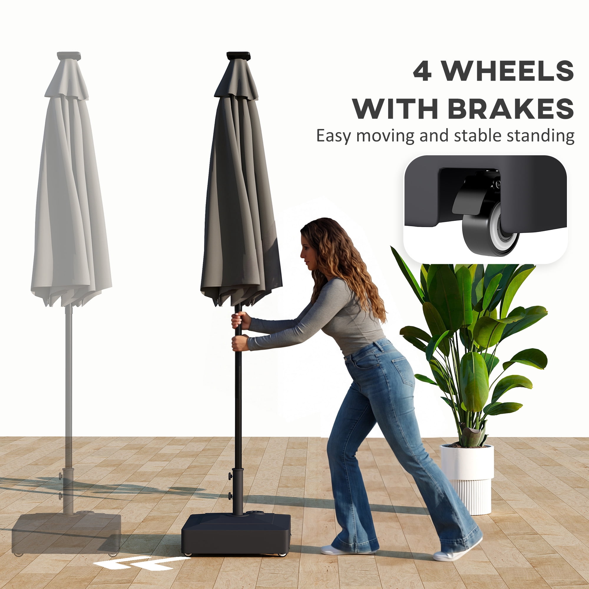 Outsunny Fillable Patio Umbrella Base with Wheels, 134 lbs Stand/88 lbs Water Filled Heavy Duty Outdoor Umbrella Stand for 1.38/1.5/1.89" Pole, Black