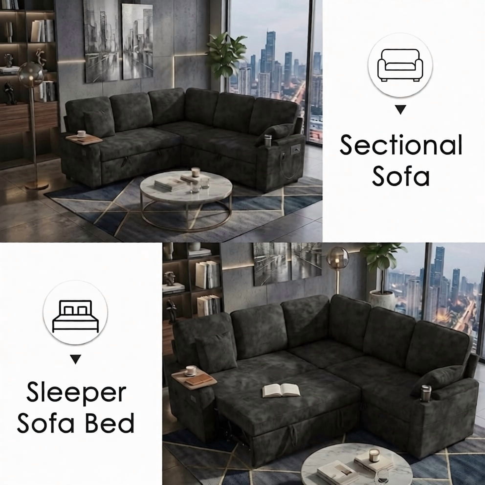 EPOWP 81" Modular Sectional Sleeper Sofa, L Shaped 5-Seater Couch with Pull Out Bed, Large Storage Chaise, USB Charging Ports & Cup Holders, Chenille Sofa Bed for Living Room, Black