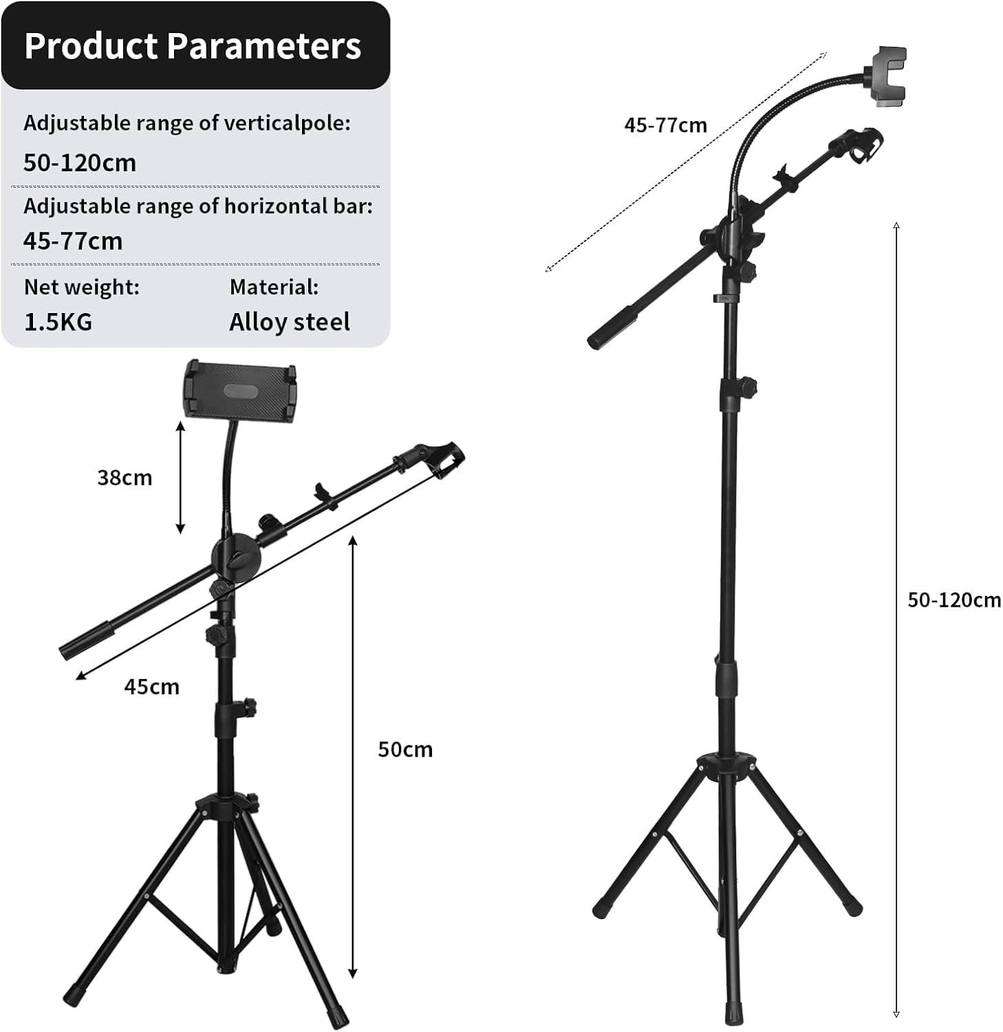 DQQKMM Tripod Mic Stand, 2-in-1 Adjustable Floor Stand with Boom Arm, Phone & Mic Holder with Storage Bag for Singing Studio Stage