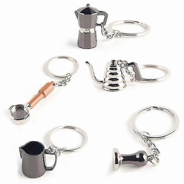 5pcs Creative Barista Coffee Tamper Keychain Espresso Portafilter Moka Pitcher Keyring Portable Coffee Accessories Gift