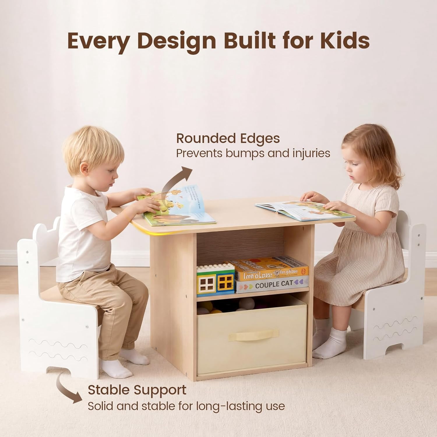 OLAKIDS Kids Table and Chair Set, 4 in 1 Wooden Activity Desk with Foldable Storage Drawer, Children Furniture for Art Crafts Drawing Reading Dining