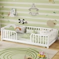 thumbnail image 3 of Leumius Twin Size Floor Fence Bed with Central Entrance, Pine Wood Floor Bed with Guardrails for Boys Girls White, 3 of 9