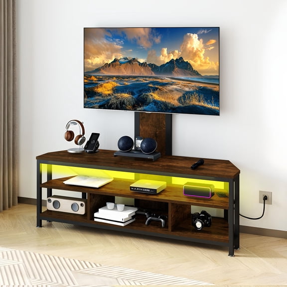 Uforic Height Adjustable TV Stand Mount with Power Outlet with LED Lights for TVs up to 70 inches, Brown
