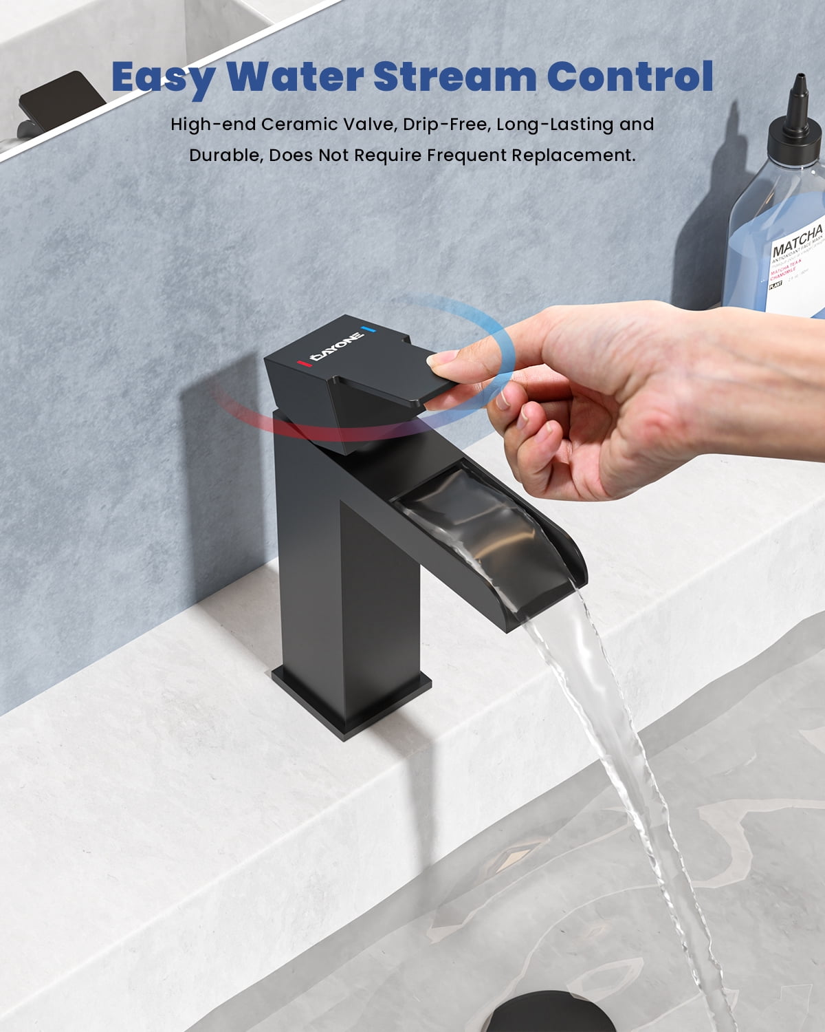 DAYONE Matte Black Single Handle Bathroom Sink Faucet, 1 Hole Waterfall Bathroom Faucets with Pop Up Drain, Single Hole Mixer Tap Includes Optional 6-inch Squre Deckplate Stainless Steel