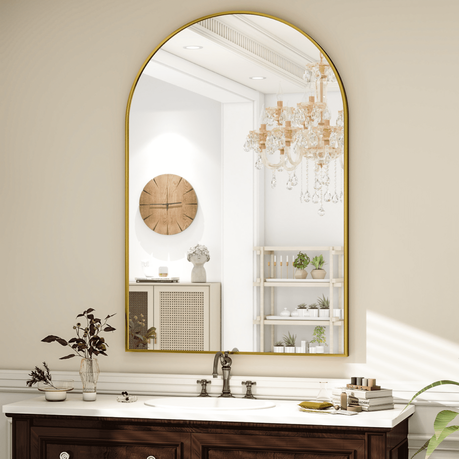 GRAHMCY 38"x26" Arched Bathroom Mirror Wall Mirror With Aluminum Alloy Frame, Gold