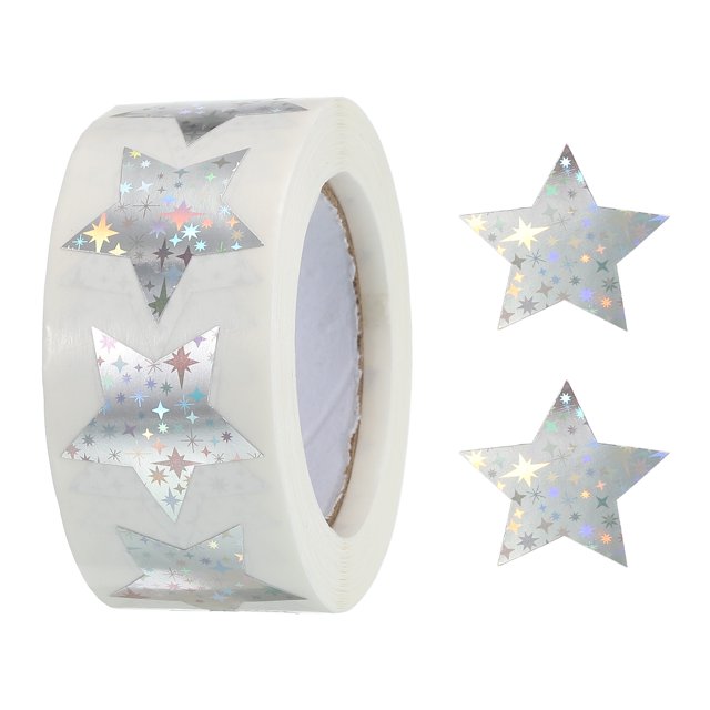 1 Rollo Laser Estrella Pegatinas 1 Pulgadas Bricolaje Adhesivo Espumosas Etiquetas para Notas, Felicitación Tarjetas, Regalo Cajas, 500 Cuenta/Rollo Plata