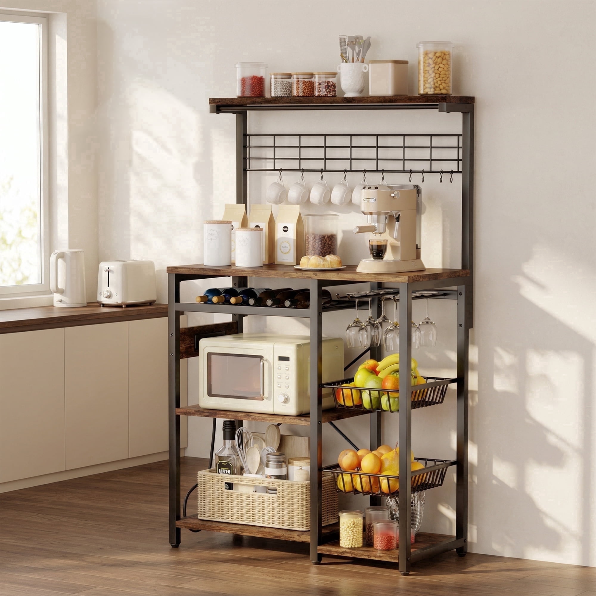 Keenstone Kitchen Bakers Rack with 3 Power Outlets, Microwave Oven Stand with 10 S-shaped Hooks ,Coffee Bar Table 5 Tiers , 2 Wire Basket, Wine Rack ,Rustic Brown