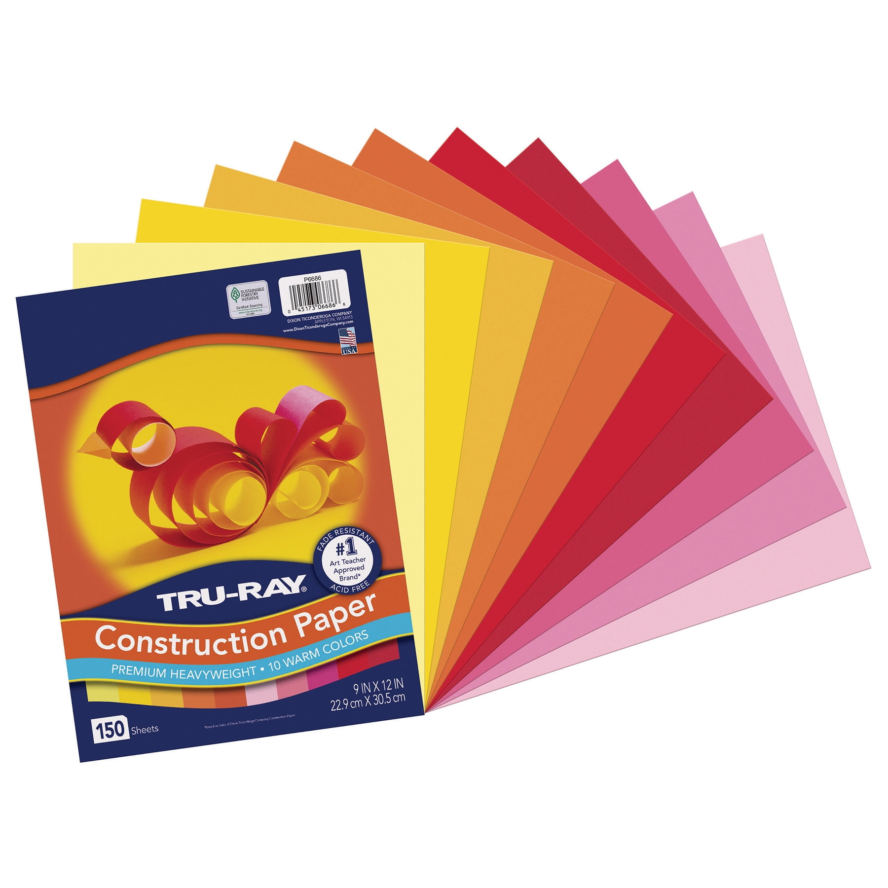 Tru-Ray Construction Paper, Heavyweight, Warm Assorted, 9" x 12", 150 Sheets Per Pack, 5 Packs