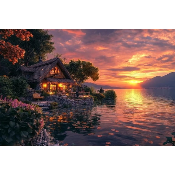 Jigsaw Wooden puzzle 300 pieces Funny Wooden Puzzle - Adult Jigsaw Puzzle 300 Pieces Sunset Cottage for Adult Family Recreational Puzzles and Home Wall Decoration