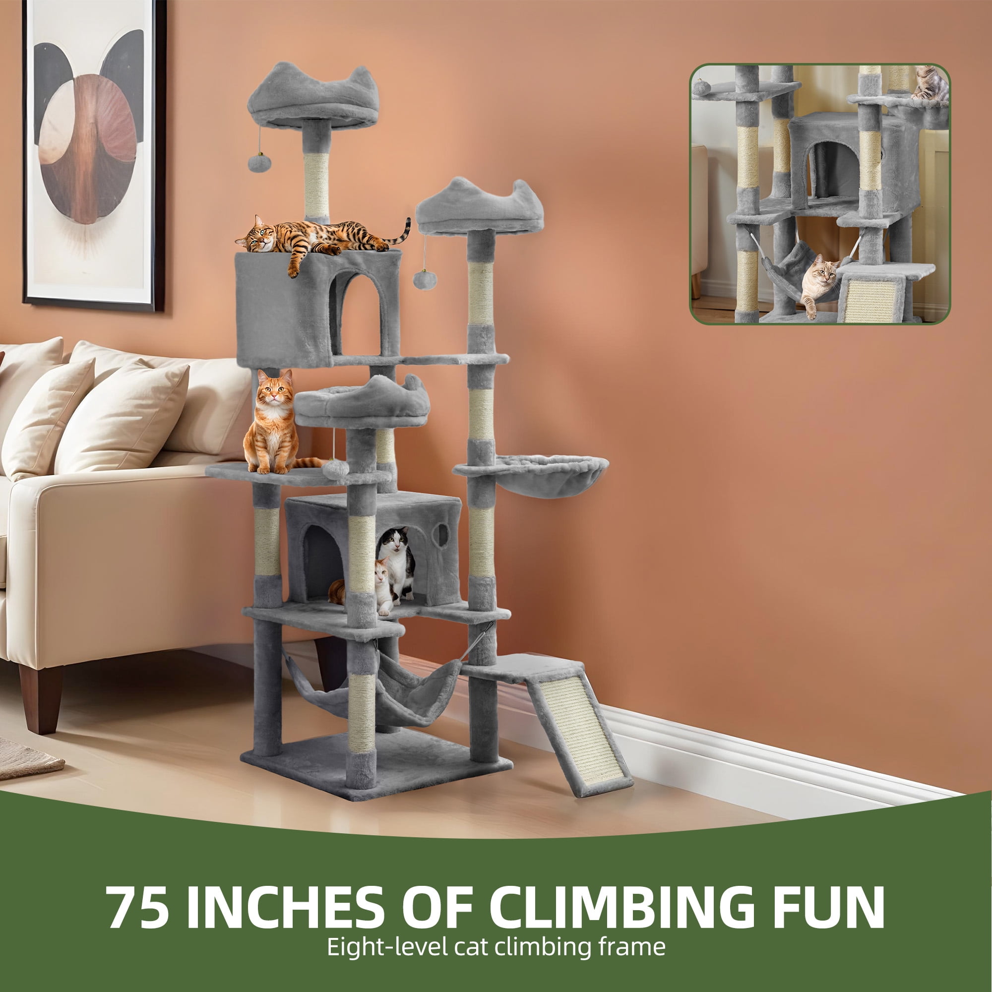Uforic 75" Multi-Level Cat Tree Tower with Condos, Hammocks, Scratch Posts, Light Gray