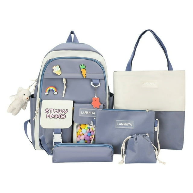 MesaSe Sac d'École Mignon pour Femmes Mode 5 Pcs/ensemble Sac à Dos pour Ordinateur Portable Adolescentes (Bleu)