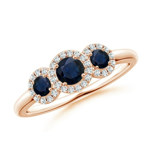 ANGARA Natural Round Sapphire Three Stone Halo Ring with Diamonds in 14K Rose Gold for Women (Size-4mm) | September Birthstone, Anniversary, Jewelry Gift for Women | Natural Blue Sapphire Ring
