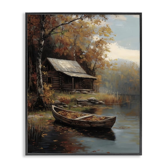 Autumn Cabin Canoe with Leaves Black Framed Giclee Art, design by Arlington Prints