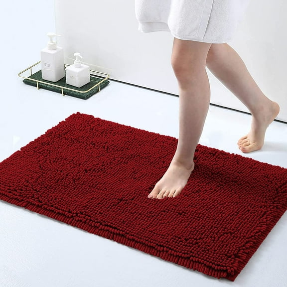 Chenille Bathroom Rugs, Extra Soft and Absorbent Shaggy Bath Mat Rugs, Washable Non Slip Shower Mat Carpet for Bathroom Floor, Tub and Shower, 24"x47", Burgundy