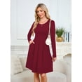 thumbnail image 2 of Chiclily Women's Long Sleeve Fall Dress Casual Pleated Swing T-Shirt Dresses with Pockets, Burgundy L, 2 of 9