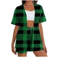 thumbnail image 2 of FNFYFH Women's Plaid 2 Piece Outfits Open Front Kimono Blouse and Shorts Set Summer Outfits, 2 of 7