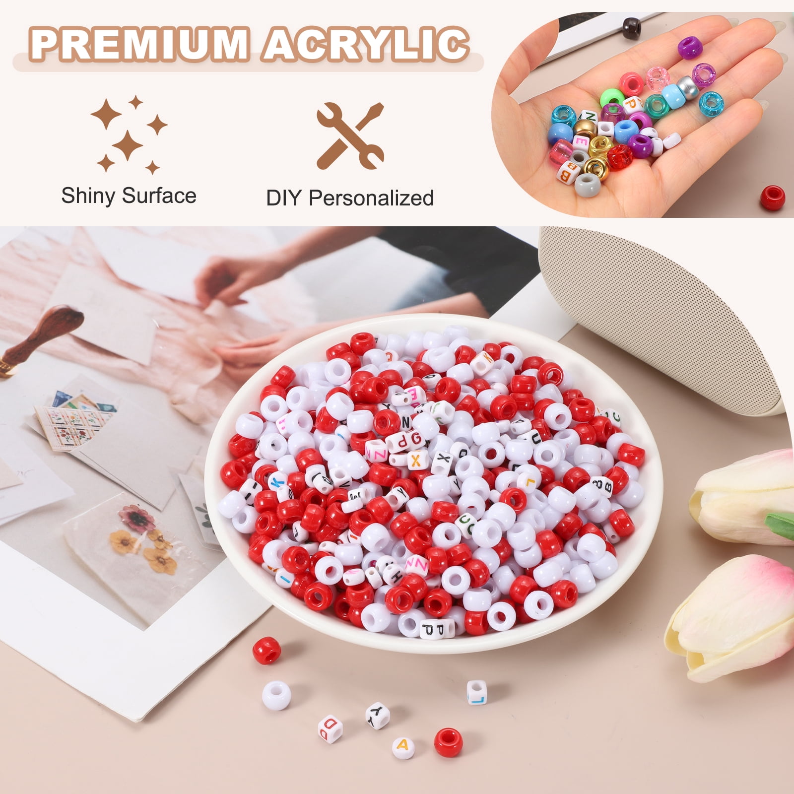 Uxcell 1000 Pcs Pony Beads 6 x 9 mm Acrylic Friendship Bracelet Making Kit with Letter Bead, Red/White