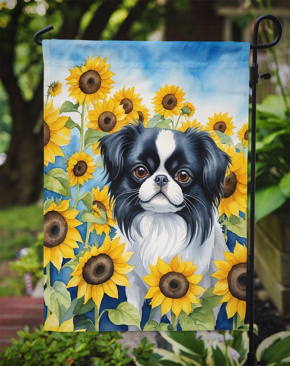 Japanese Chin in Sunflowers Garden Flag 11.25 in x 15.5 in