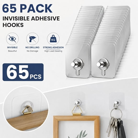 65 Pcs Adhesive Picture Hooks, No Drill Screw Stickers | 20 lbs load max, 2.36" size, heavy duty picture hangers without nails, hooks for hanging frame hanger, for bathroom kitchen