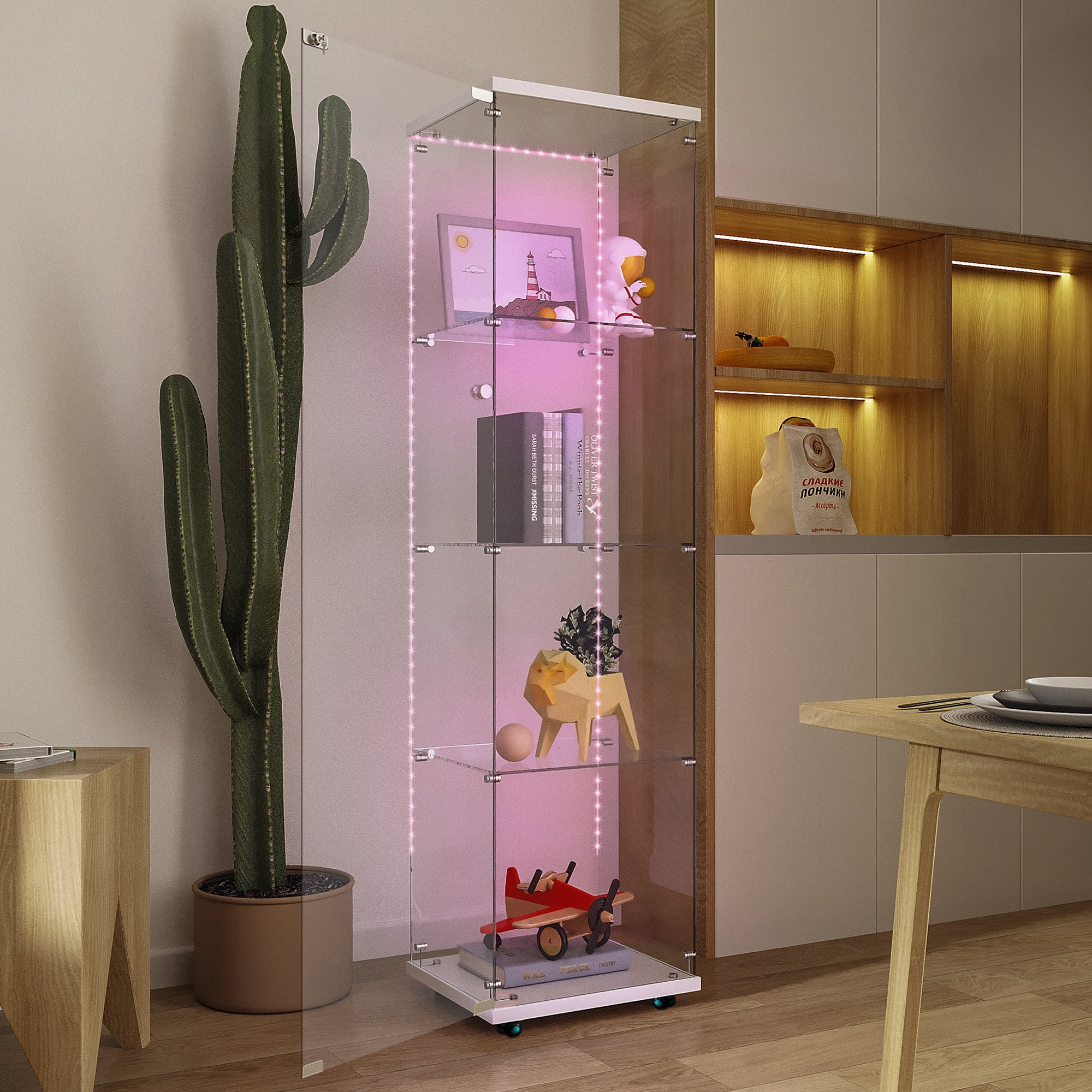 MAYEERTY 4 Tiers Glass Display Cabinet with Bluetooth LED Light Strip, File Storage Cabinet with Door Lock, White