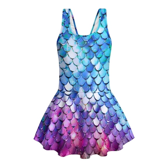 Psesaysky Big Girls One Piece Swimsuits Mermaid Bathing Suit for Kids Hawaiian Swimwear with Skirt Swim Dress Blue Purple Size 8-9 Years