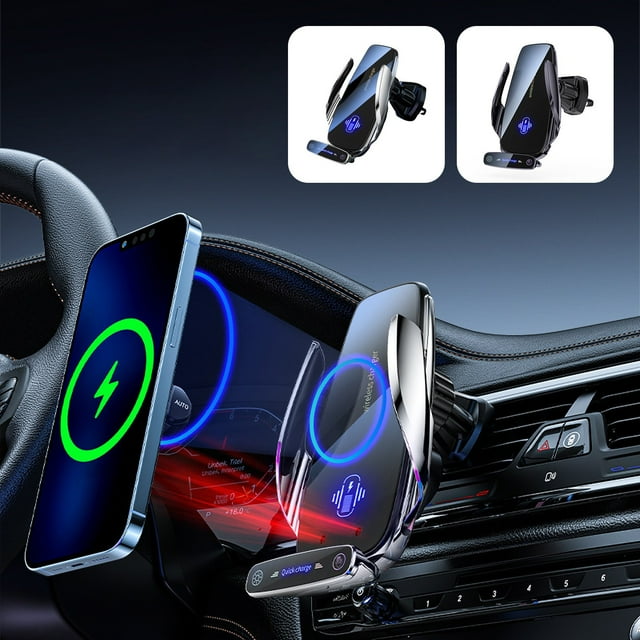 Cargador inalámbrico de coche 10W Carga rápida • Soporte telescópico auto-detecible • Rotación de 360° • Para iPhone y Android • ABS Silver