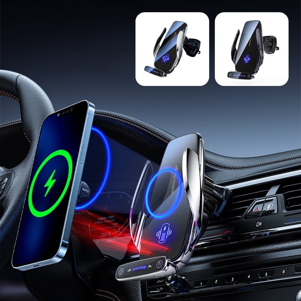 Cargador inalámbrico de coche 10W Carga rápida • Soporte telescópico auto-detecible • Rotación de 360° • Para iPhone y Android • ABS Silver