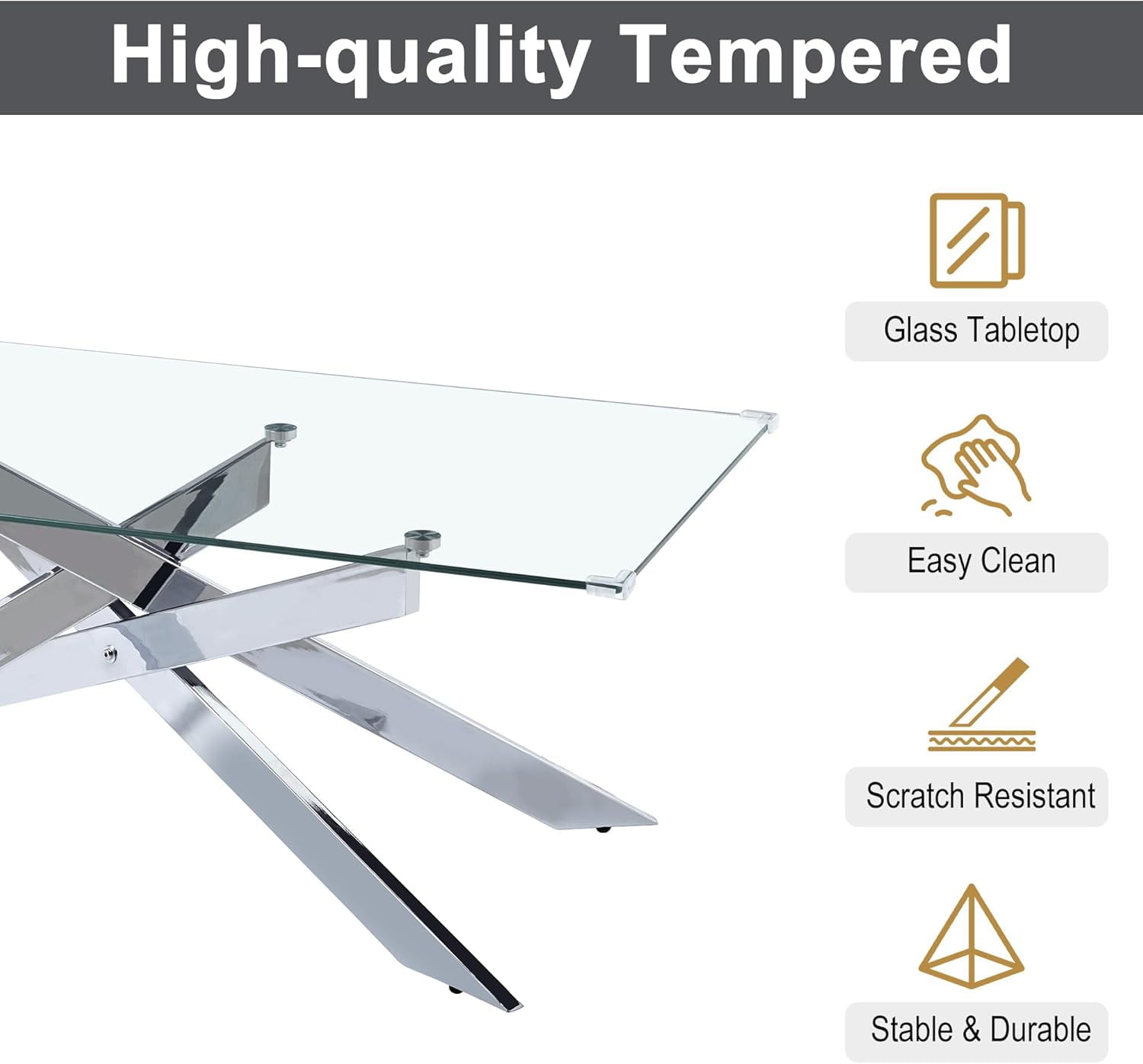 Rectangle Modern Coffee Glass Table, Tempered Glass Top and Gold Plated Metal Leg for Living Room Home Office