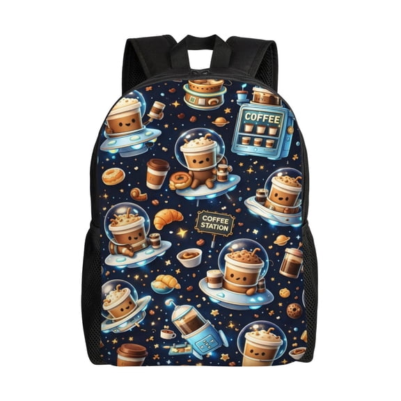 Cute Cartoon Coffee Space Backpack Full Front Print Travel Laptop Bag for Men and Women