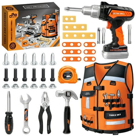 Flooyes Electric Drill Simulation Tool Set With Costume, Pretend Play Construction Toys for Kids Ages 3 