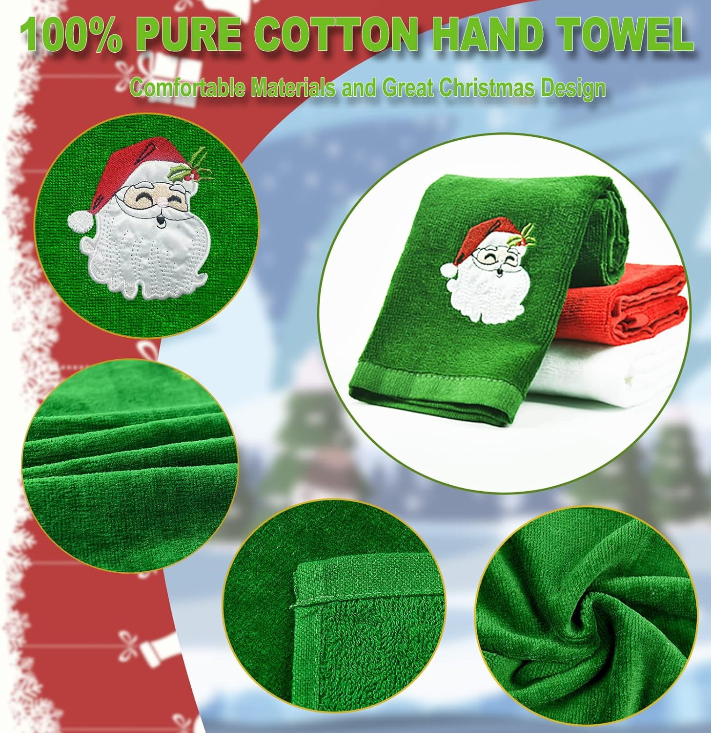 Christmas Hand Towels 16 x 25 Inch, Pure Cotton Soft Towels for Drying &amp; Cleaning, Xmas Claus Snowman Trees for Bathroom Kitchen Wash Basin,Holiday Home Decor Set of 3(Red, White,Green)