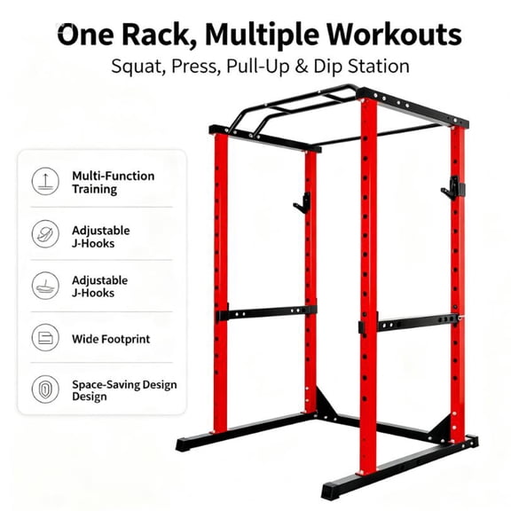 Muweixin All-in-One Red Power Cage Squat Rack, 14-Level Adjustable with Safety Bar for Bench Press, Home Gym Workout Station