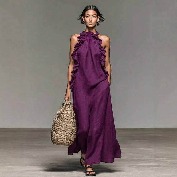 Purple Halter Neck Ruffle Trim Sleeveless Loose Fit Maxi Sundress For Women