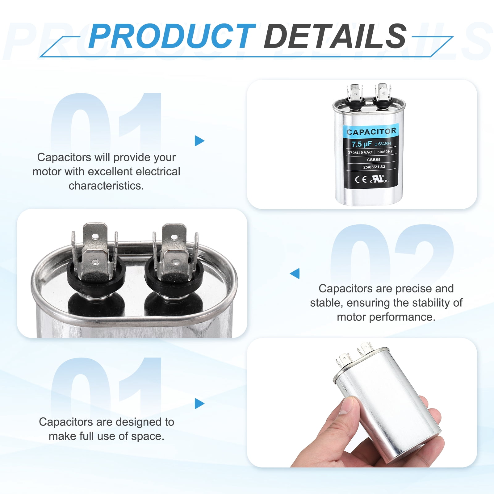 Uxcell 2Pcs 7.5MFD CBB65 Run Start Capacitor 7.5uF, 370/440V Oval AC Capacitor for AC Motor Run, HVAC, Air Conditioner, Condenser Motors
