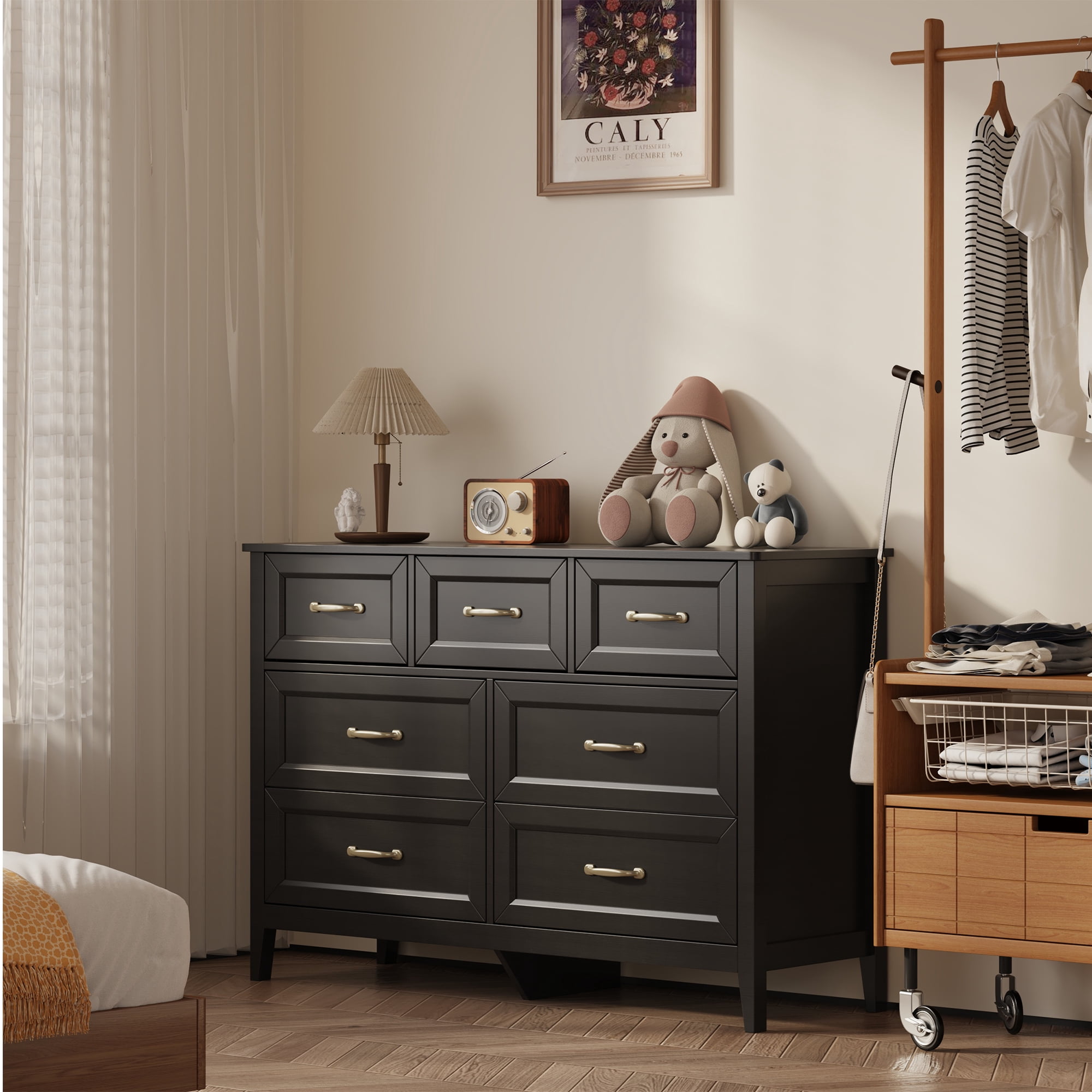 Aiho 7-Drawer Double Dresser - Modern Wood Chest with Anti-Tip Safety, Cutout Handles & Smooth Gliding Drawers, Black