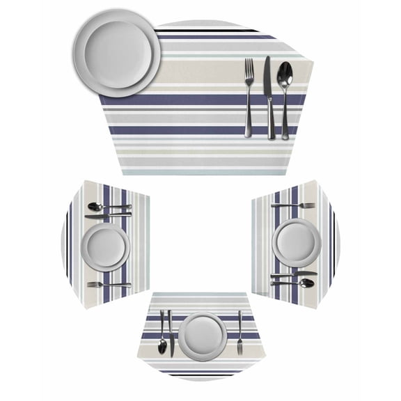 Beige Stripe Wedge Shaped Placemats Set of 4, Cotton Linen Fan Place Mats, Modern Abstract Art Navy Blue Striped Rustic Washable Table Mats for Holiday Wedding Party Dinning Coffee Tables 11.8"x17.5"