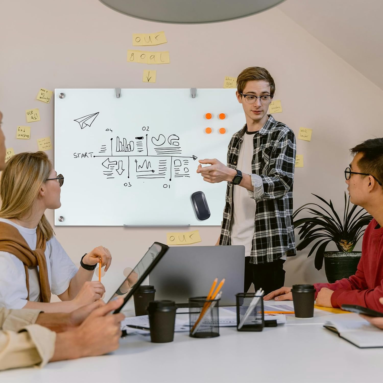 WingWise Glass Magnetic Whiteboard, Dry Erase Board, 48" x 36", Wall Mounted White Board, Frameless Board for Office, Home, School