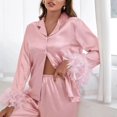thumbnail image 3 of Conjunto de pijama de satén con plumas para mujer, ropa de dormir informal, con un solo pecho y cuello vuelto, color liso, 3 of 3