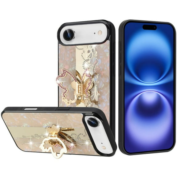 For iPhone 17 Air SPLENDID Diamond Glitter Ornaments Engraving Case Cover - Enchanted Butterfly Gold