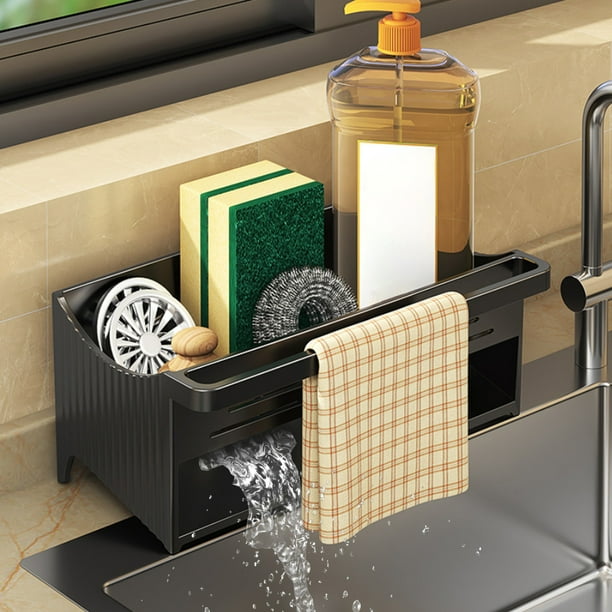 Organizador de esponja para fregadero de cocina con bandeja de drenaje automático | Soporte de plástico gris para esponjas y cepillos | Barra para toallas, antideslizante, fácil de limpiar |