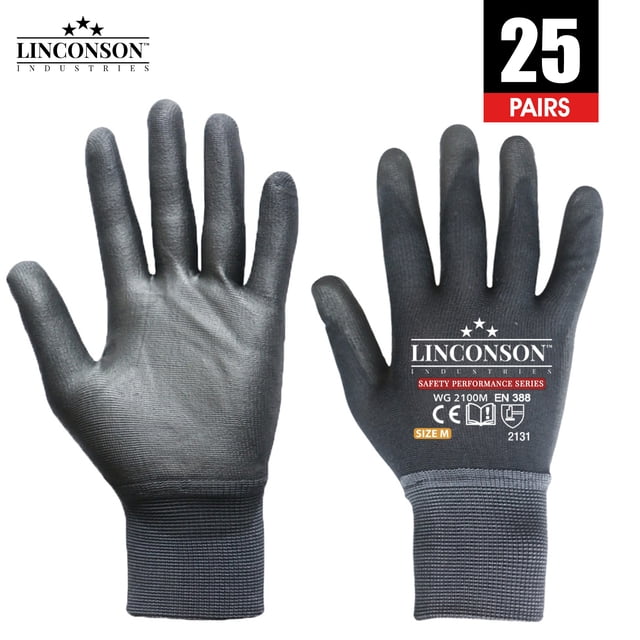 LINCONSON 25 Pack Ultimate Grip Construction Mechanics Work Gloves Nylon/Polyester Seamless-Knit with Polyurethane Palm (PU) Coating-Safety Performance Series (Medium)