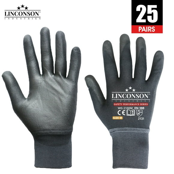 LINCONSON 25 Pack Ultimate Grip Construction Mechanics Work Gloves Nylon/Polyester Seamless-Knit with Polyurethane Palm (PU) Coating-Safety Performance Series (Large)