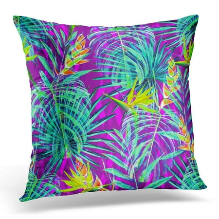 Magenta Throw Pillows ARHOME Floral Watercolor Palm Leaves with Flowers of Strelitzia Reginae and Heliconia Jungle Foliage on Magenta Throw Pillow Case Pillow Cover Sofa Home Decor 16x16 Inches ()